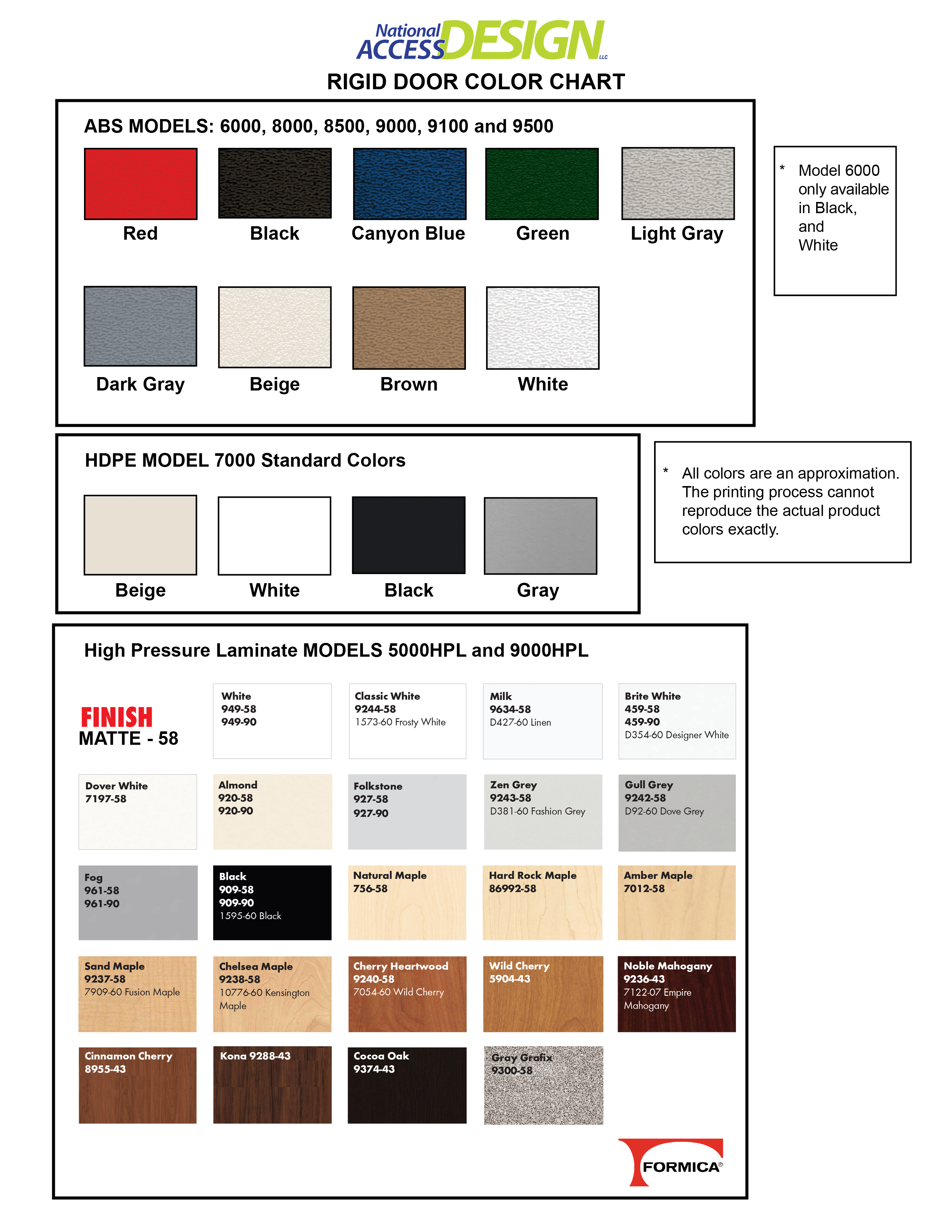 This is our Rigid Door Color Chart. It includes our ABS colors, HDPE colors and stock laminate colors.